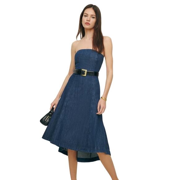Reformation Zoie Denim Midi Dress Strapless Corset Fit Flare Blue Jean Dress 2 - Picture 1 of 6